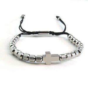 3/$35 Men's Adjustable Cross Bracelet Stainless Steel Silver Beaded Jewelry